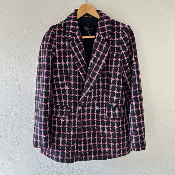 RACHEL ZOE | Pink Black Double-Breasted Check Wool Blend Blazer NEW Size Small - Picture 12 of 14